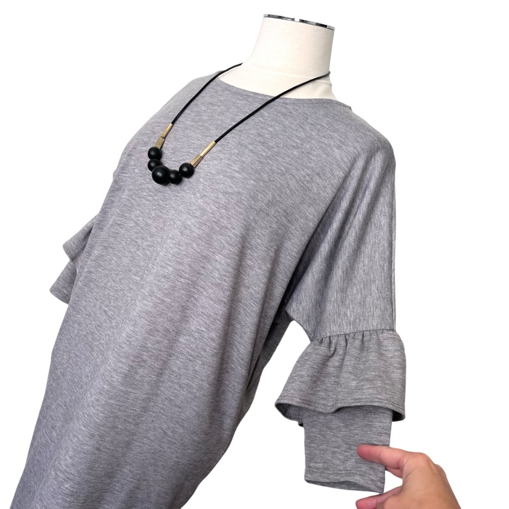 BOBEAU Idalia French Terry Dress Ruffle Sleeve Knit Dress Light Gray Sz XS